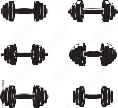 Six black dumbbells arranged in three rows on a white background