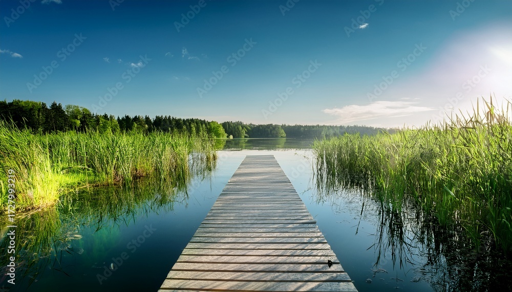 Naklejka premium Tranquil Wooden Dock Extending Into Serene Freshwater Ecosystem Landscape