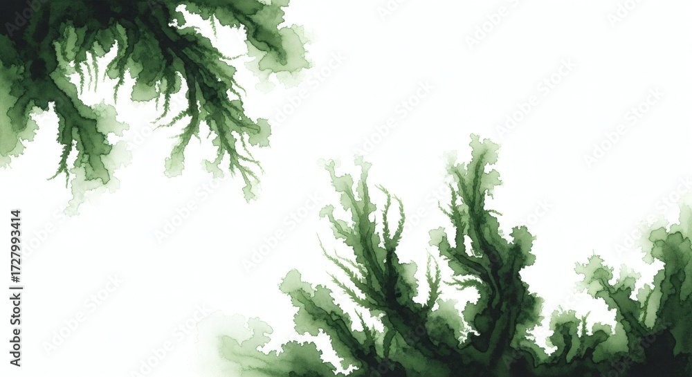 Obraz premium Watercolor painting of abstract green branches isolated on white background, creating a calming and organic feel with delicate details and flowing lines