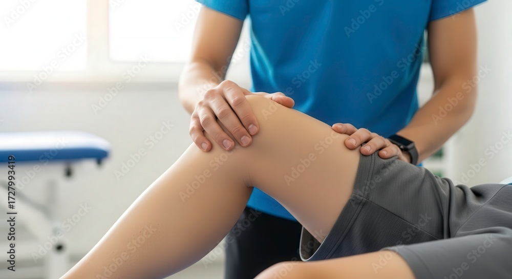 Fototapeta premium Physical therapist examining a patients knee during a medical examination