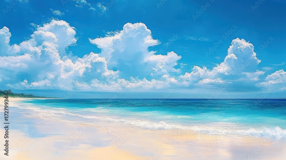 Obraz premium Bright sunny beach with soft waves, white sandy shore, turquoise ocean, lush greenery in distance under a vibrant sky with large fluffy white clouds