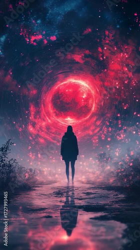 A person standing in front of a red galaxy