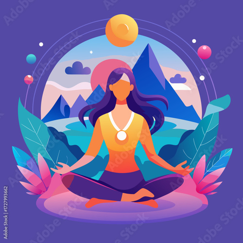 Design a serene, flowing vector illustration for holistic wellness, depicting a stylized female figure in a yoga pose where her body transforms into a calm landscape of mountains and a flowing river, 
