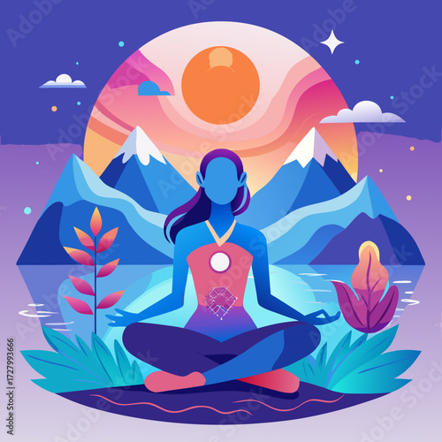 Design a serene, flowing vector illustration for holistic wellness, depicting a stylized female figure in a yoga pose where her body transforms into a calm landscape of mountains and a flowing river, 