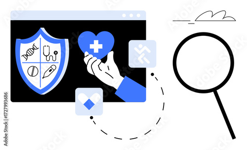 Shield featuring medical symbols, heart with cross held by hand, dynamic icons, and magnifying glass. Ideal for healthcare, medical research, health insurance, diagnostics, protection safety simple
