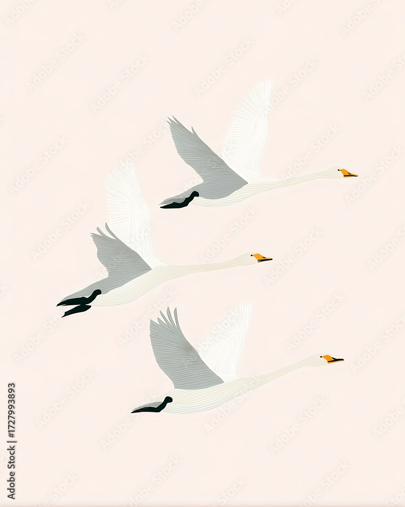 Obraz premium Three white swans flying together in a minimal flat illustration style