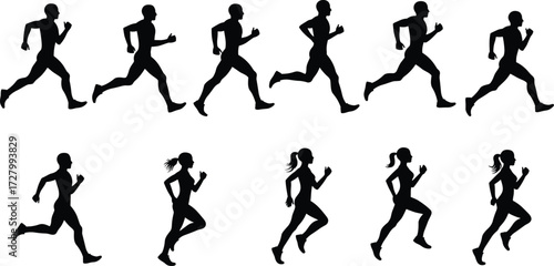 Silhouette collection of male and female runners, jogging exercise, marathon athletes, fitness workout, outdoor training, sports activity, healthy lifestyle illustration
