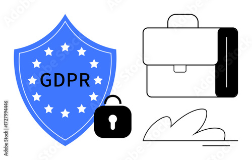 Blue shield with GDPR text surrounded by stars, black lock, and briefcase. Ideal for data security, privacy, compliance, regulation, business integrity digital trust corporate safety. Simple flat