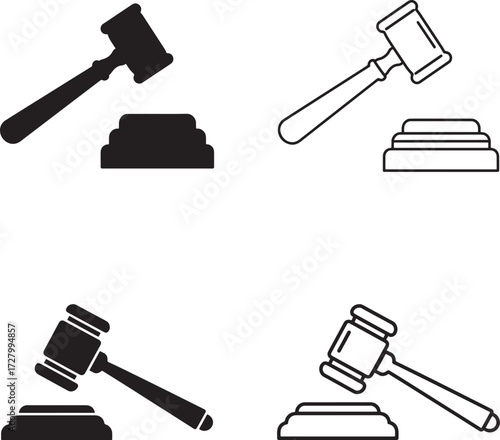 Four stylized illustrations of a judge s gavel and sounding block in silhouette and line art style