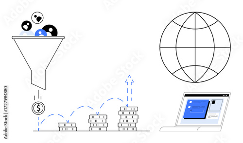 Funnel filtering users, generating revenue, coins stacking, globe icon, laptop screen. Ideal for business growth, analytics, conversion strategy, sales funnel global business online marketing
