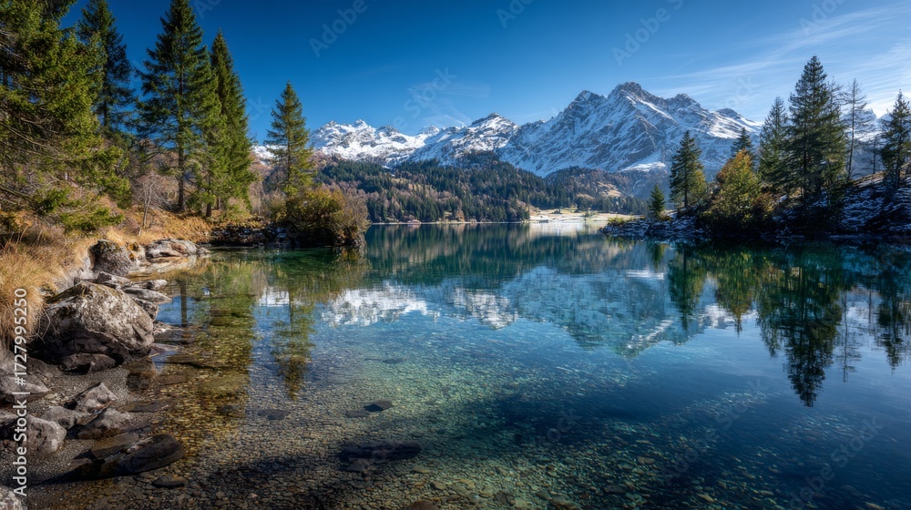 Fototapeta premium Snowy alpine landscape with lake and mountain peaks under soft light, tranquil outdoor scene highlighting wilderness adventure, scenic nature travel, and the cultural charm of alpine exploration