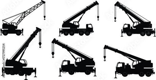 Silhouette crane trucks, heavy construction equipment, industrial lifting machines, building site transport vehicles, mobile cranes, engineering machinery, work tools, construction vehicles, lifting 