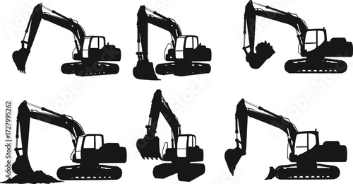 Silhouette excavator machines, heavy construction equipment, industrial digging vehicles, crawler excavators, earthmoving machinery, land digging tools, construction site equipment, loaders, 