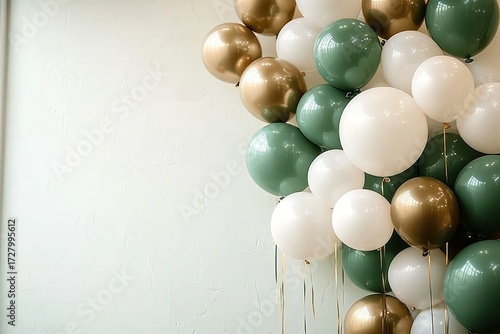 Wallpaper Mural Cluster of glossy balloons in white, green, and gold tones hanging against a white textured wall creating a festive and elegant atmosphere Torontodigital.ca