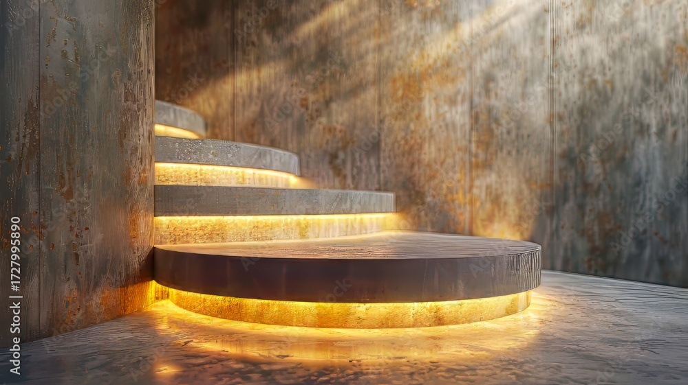 Fototapeta premium Spiral staircase with circular steps, illuminated by warm light, leading up to a textured wall.