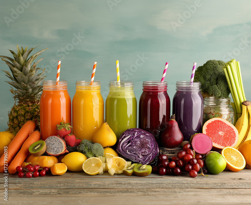 still life with fruits and vegetables juices