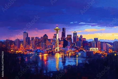 Wallpaper Mural Vibrant city skyline at dusk featuring illuminated modern skyscrapers and a distinctive tower reflecting on calm water under a purple and orange sky Torontodigital.ca