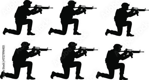 Silhouette of armed soldiers holding rifles, military combat training, national defense, battlefield preparation, security forces, teamwork, protection, service, honor, duty