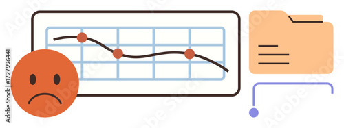 Downward graph trend with red points, sad face, and a file folder suggests failure, loss, or poor performance. Ideal for business, data, analysis, decline management error simple flat metaphor