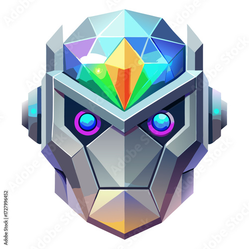 A stylized robot head icon with a geometric, faceted design, featuring a large crystal-like dome on the forehead and intense glowing blue/purple eyes, combining sci-fi and jewel aesthetics.