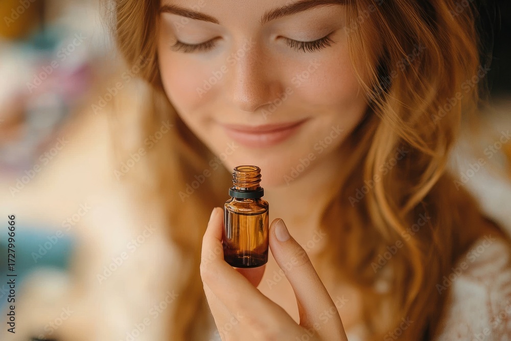 Fototapeta premium woman with closed eyes holding and smelling small brown glass bottle with a gentle smile indoors