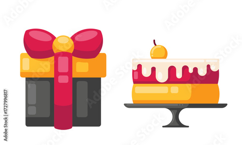Vector cake and gift for birthday and party design