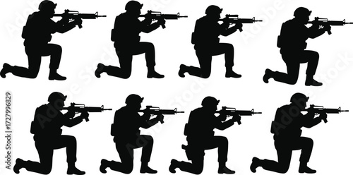 Silhouette of armed soldiers with rifles, military defense, combat training, security forces, national protection, teamwork, battlefield preparation, army unit, law enforcement