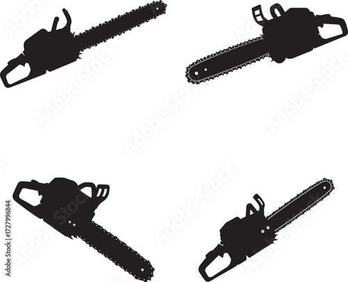 Four silhouettes of chainsaws displayed from different angles on a white background