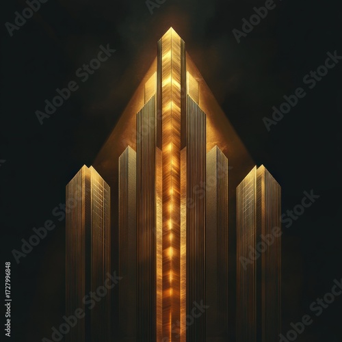 Futuristic golden illuminated skyscrapers with sharp geometric shapes rising against a dark smoky background creating a majestic and powerful atmosphere