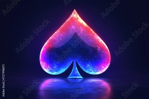 Glowing spade symbol illuminated with vibrant neon colors on dark background reflecting on surface, evoking futuristic and energetic mood