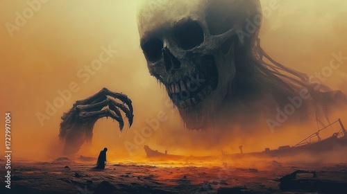 A lone figure in a barren, desolate landscape facing a gigantic eerie skull and claw emerging from a foggy, orange-hued mist evoking a sense of fear and awe