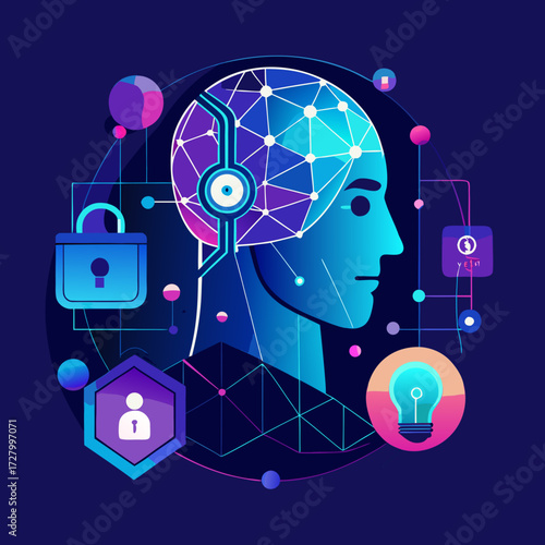 a modern, abstract vector concept for artificial intelligence, showing a geometric human head profile filled with interconnected nodes and data streams, with a key and a lock seamlessly integrated to 