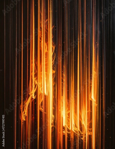 Abstract flames cascading down dark vertical lines