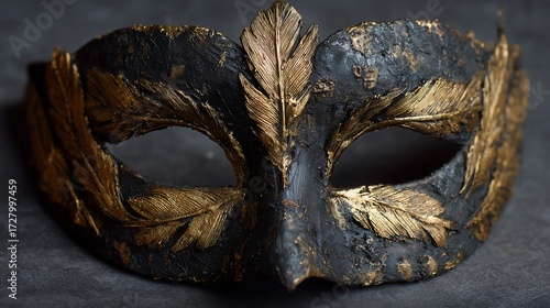 Black and gold masquerade mask with feather details