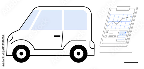 Small vehicle alongside clipboard with data charts and growth graph. Ideal for transportation, business, analytics, technology, eco-efficiency, automobile industry, strategic planning. Simple flat