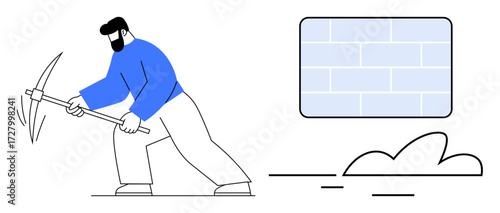Worker in blue shirt using pickaxe to break ground near bricks. Ideal for labor, construction, effort, persistence, work, challenge, achievement. Simple flat metaphor