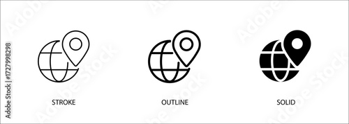 Globe icon with location for map, locator, tracking, IP address. Editable vector stroke icon, outline and solid. Eps10 file.