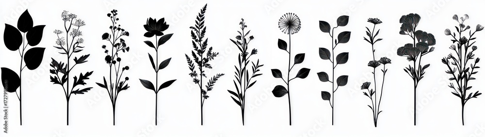 Fototapeta premium black silhouettes of eleven diverse flower and plant stems arranged in a row on a white background
