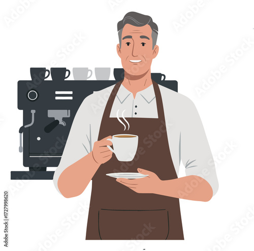 Professional middle-aged man working as a barista, smiling while serving a hot cup of freshly brewed coffee in a cafe