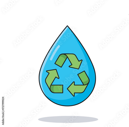 Sustainable water resource management concept. An isolated illustration of a water drop with a green recycling icon representing environmental conservation and purification