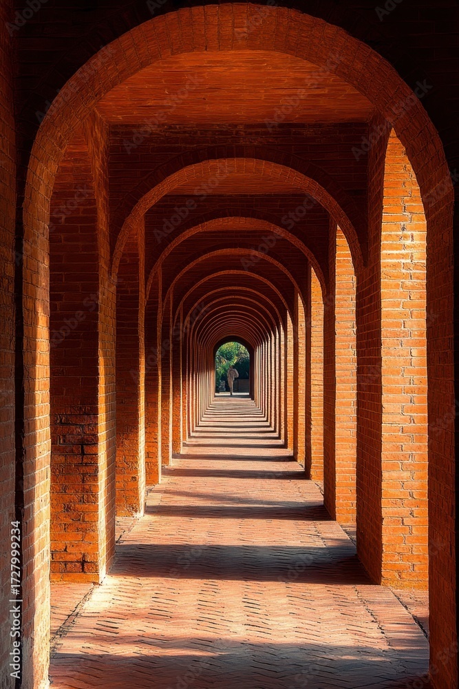 Naklejka premium Long corridor with repeating brick arches creating a tunnel effect with sunlight casting shadows on the brick floor evoking depth and symmetry
