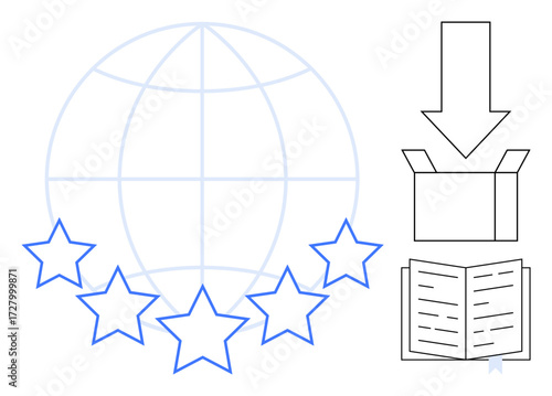 Globe surrounded by stars representing quality, downward arrow symbolizing delivery, package, and open book for knowledge. Ideal for quality assurance, logistics, education, global standards