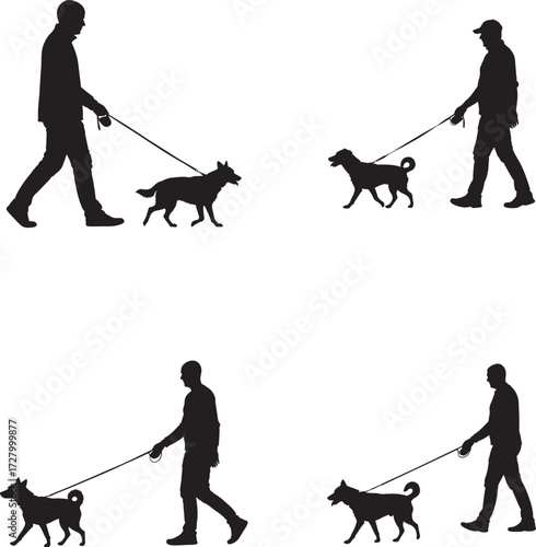 Silhouettes of people walking dogs on leashes in four different poses