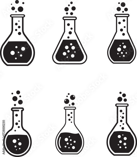 Set of six stylized laboratory flasks with bubbling liquids and steam