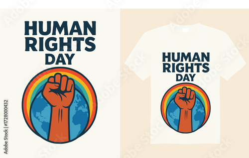 “Bold and empowering Human Rights Day t-shirt featuring symbolic graphics of peace, equality, and unity with impactful typography promoting freedom, justice, and dignity for all.”