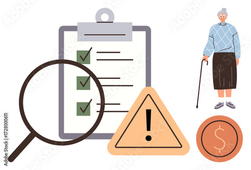 Senior citizen with walking aid beside a checklist under magnifying glass. Includes financial and caution icons. Ideal for risk assessment, elderly care, financial planning, safety tips, healthcare