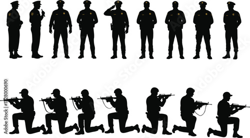 Silhouette of police officers and armed soldiers, law enforcement teamwork, military defense, national security, protection, unity, honor, respect, duty, service
