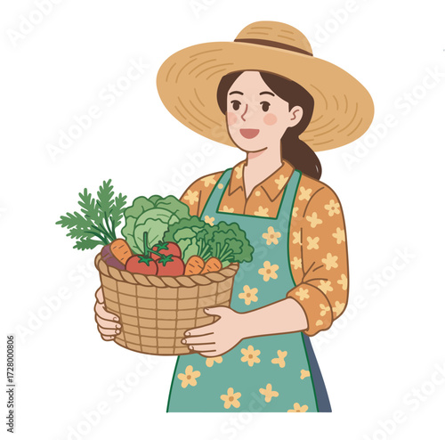 Cheerful female farmer in a straw hat and apron holding a wicker basket overflowing with fresh, organic vegetables, embodying the farm-to-table concept
