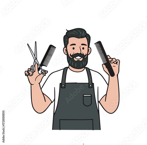 Happy barber character with grooming tools isolated on white. Cheerful hairstylist illustration in a flat cartoon style for salon and barbershop branding