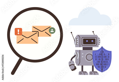 Robot holding a shield scans email threats under magnifying glass with warning signs. Ideal for cybersecurity, data protection, AI, cloud storage, digital monitoring, email safety, IT security